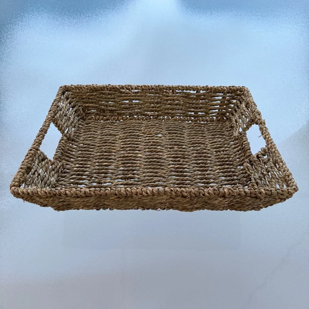 Rectangular Woven Seagrass Shallow Storage Basket Serving Tray
